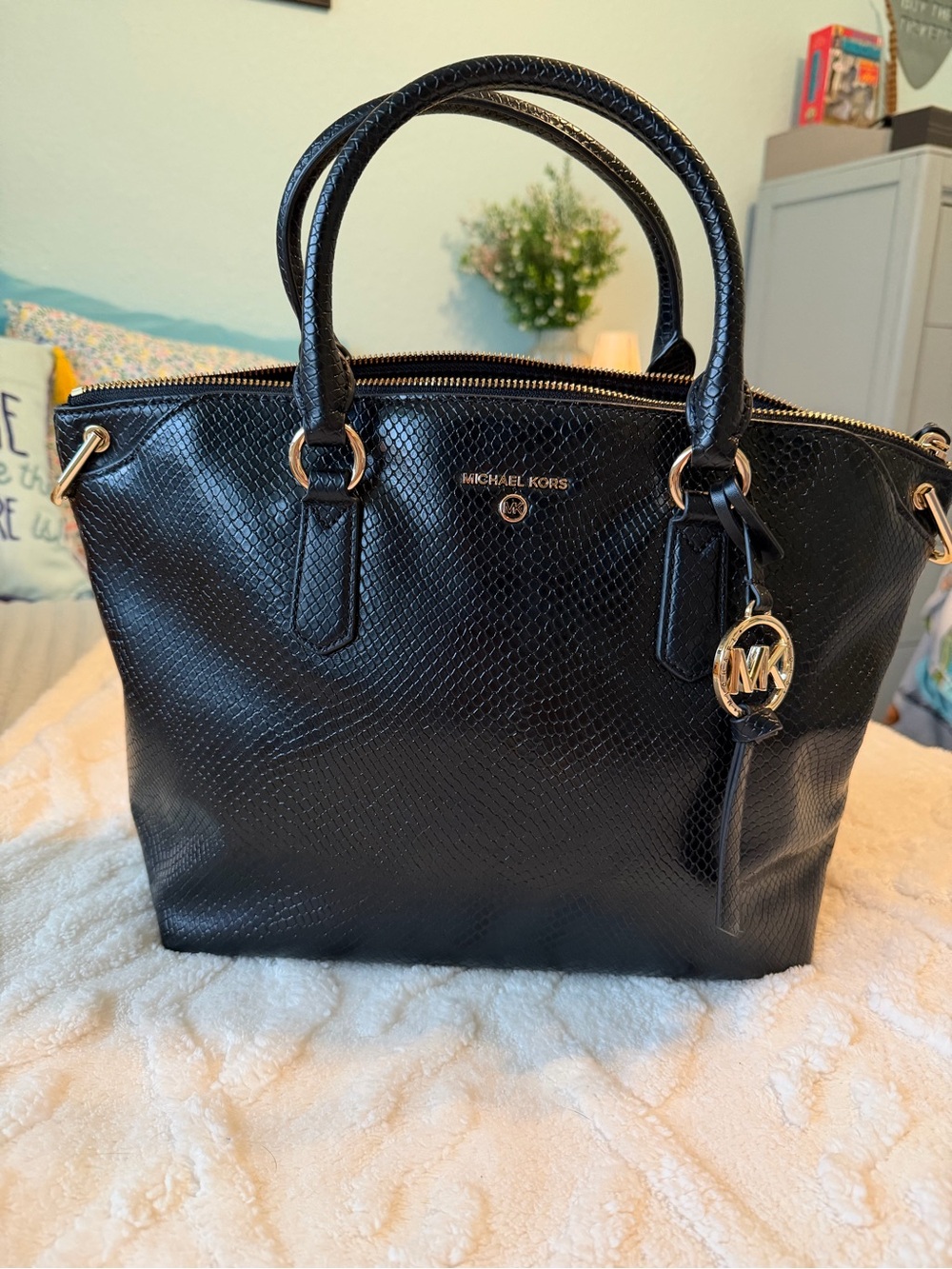 Michael Kors Black Textured Satchel with Gold Hardware